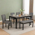 Dining Table Set for 5, 6-Piece Kitchen Table & Chairs Set with Rectangular Table, Bench & 4 Upholstered Chairs, 39'' Dinner Set with Wood Legs & Curved Backrest for Kitchen, Light Black