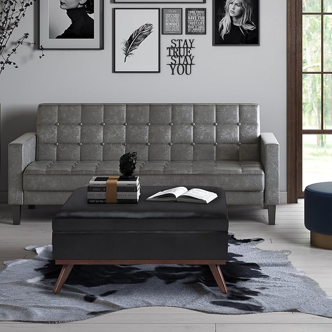 SIMPLIHOME Owen 36 inch Wide Mid Century Modern Square Coffee Table Storage Ottoman in Midnight Black Vegan Faux Leather, Assembled, For the Living Room, Entryway and Family Room