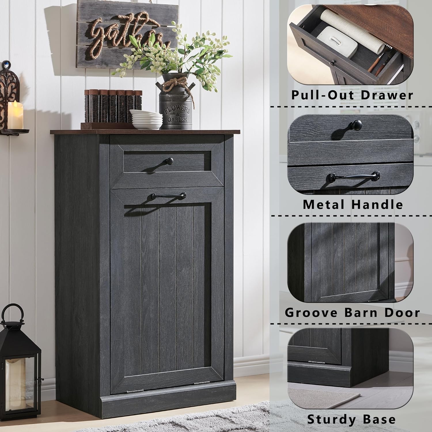 Tilt Out Trash Can Cabinet, 10 Gallon Farmhouse Laundry Hamper Cabinet with Drawer, Hidden Wooden Trash Garbage Can Bin with Storage Basket for Kitchen, Living Room (Dark Grey)