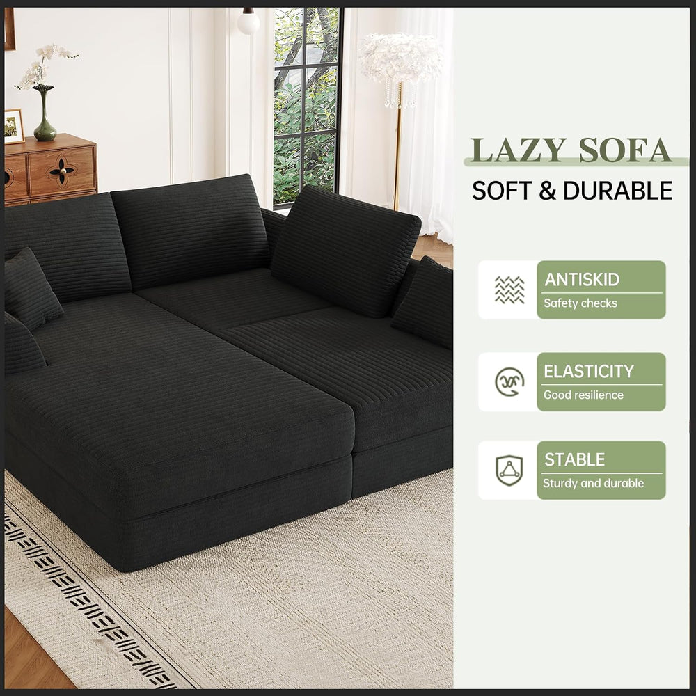 106" Modular Sectional Sofa with Deep Seat, L-Shaped Corduroy Couch with...