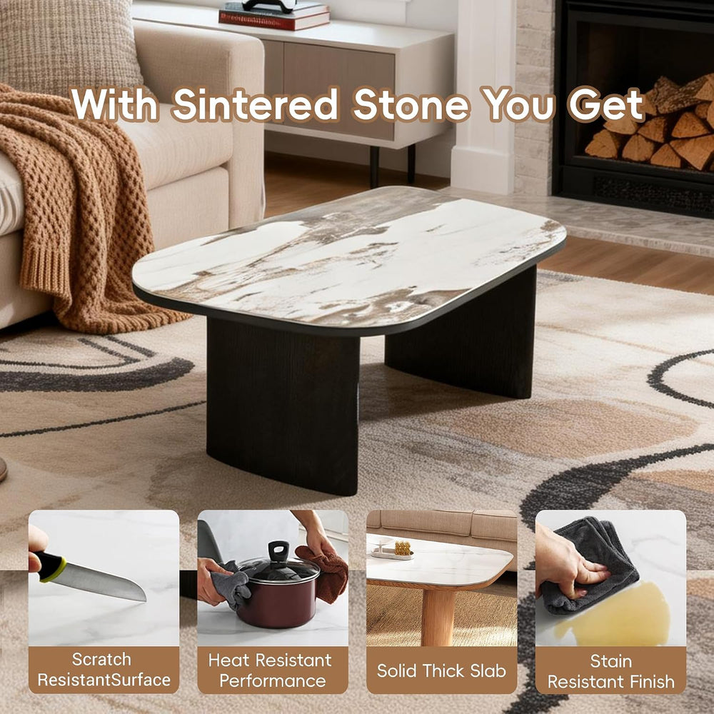 Luxury Marble Coffee Table, Premium Sintered Stone Top, Natural Wood Look Bas...