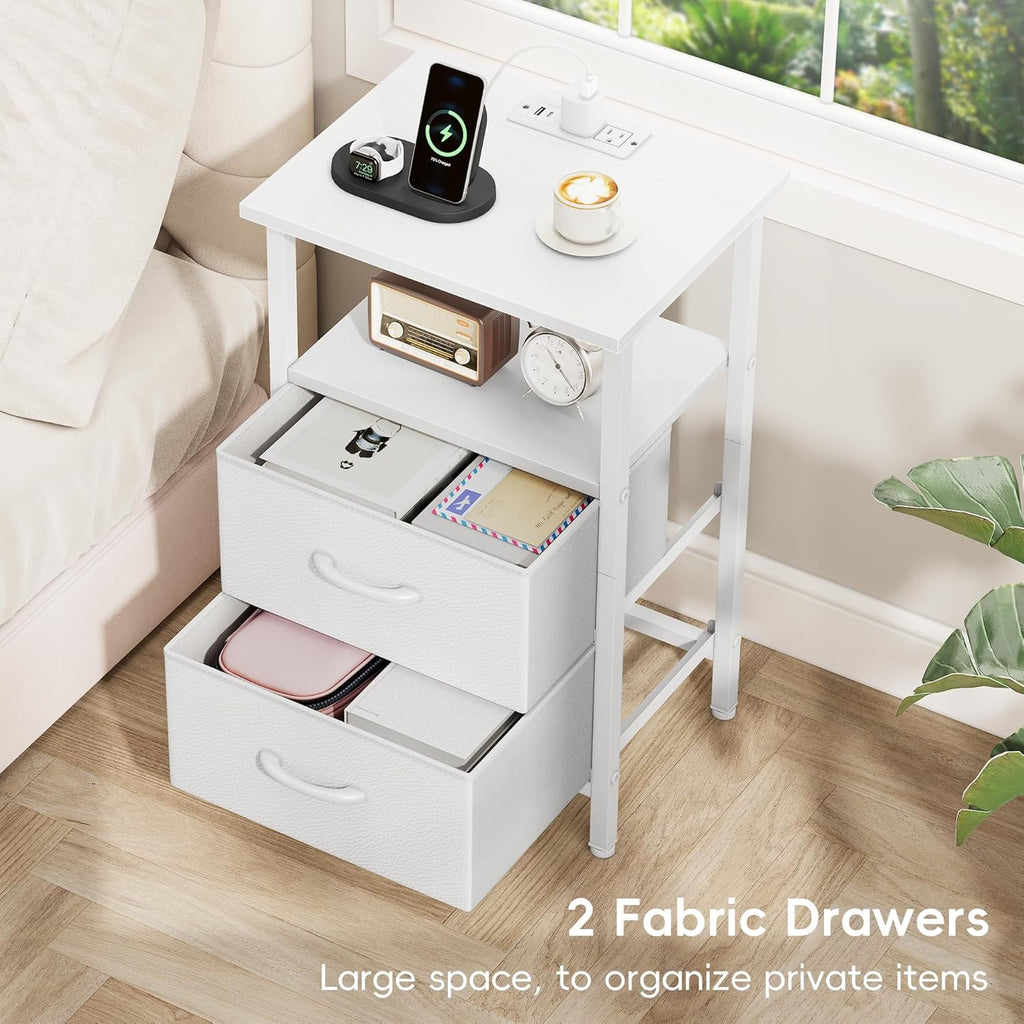 Vagusicc Nightstand Set of 2 with Charging Station, Bed side tables bedroom set of 2 with LED Lights, White Night Stands with 2 Fabric Drawers, 24.2" Tall Bedside Tables with Storage Shelf for Bedroom