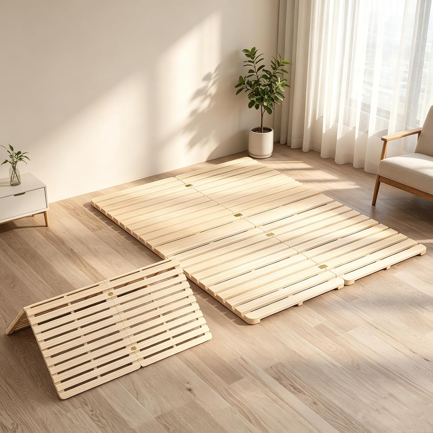 LILYPELLE Floor Bed Frame, Solid Wood Japanese Tatami Bed Frame, Foldable & Breathable & Moisture-Proof Bed Plate for Futon Mattress or Floor Sleeping, Standard Queen