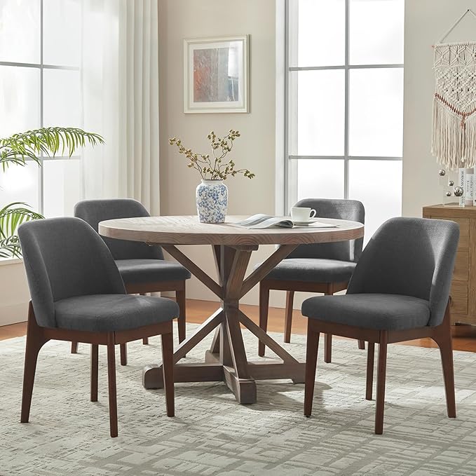 VKNOW Wooden Dining Chairs Set of 4, Upholstered Dining Room Chairs with Rubberwood Legs and Padded Seats, Kitchen Chairs for Restaurant Kitchen Living Room, Dark Grey