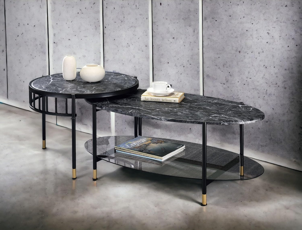 Engineered Stone Top & Black Finish Nesting Table Set | Dual-table nestin...
