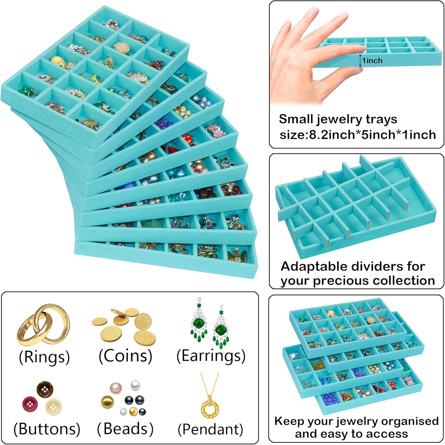 12 Pack Stackable Velvet Jewelry Organizer Trays for Drawers Earring Organizer Inserts Necklace Storage Ring Bracelet Display Case, 216 Grids, Blue