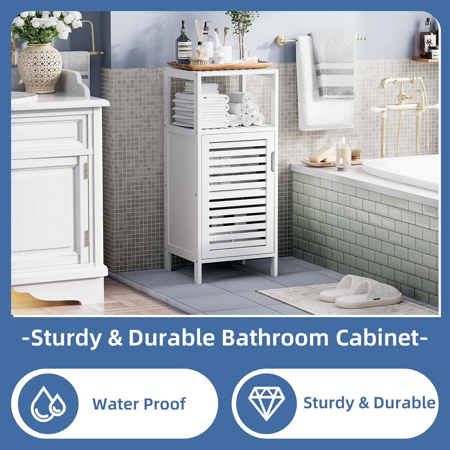 HITNET Bamboo Bathroom Storage Cabinet, 4 Tier Small White Floor Cabinet with Single Door, Free Standing Slim Narrow Storage Organizer for Bedroom Living Room