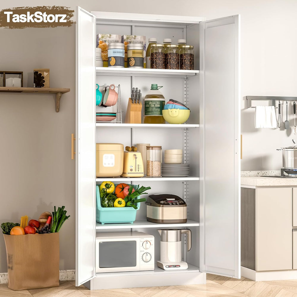 71" Tall Kitchen Pantry Cabinet, White Metal Kitchen Pantry Storage Cabi...