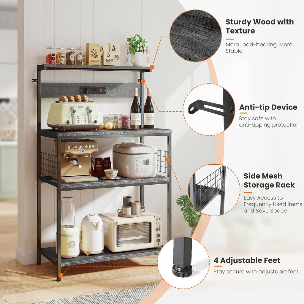 Sweetcrispy Kitchen Bakers Rack with Power Outlet, 24" Microwave Oven Stand with Adjustable Storage Shelf for Kitchen Organization, Coffee Bar Station, Small Apartment, Counter Space Saving, Grey