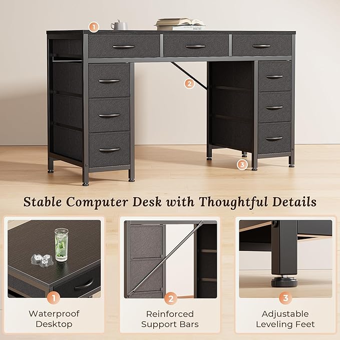 PRAISUN 47 Inch Office Desk with Outlets, Computer Desk with 9 Fabric Drawers, Writing Gaming Work Study Desk for Bedroom, Living Room, Home Office, Large Storage, Black