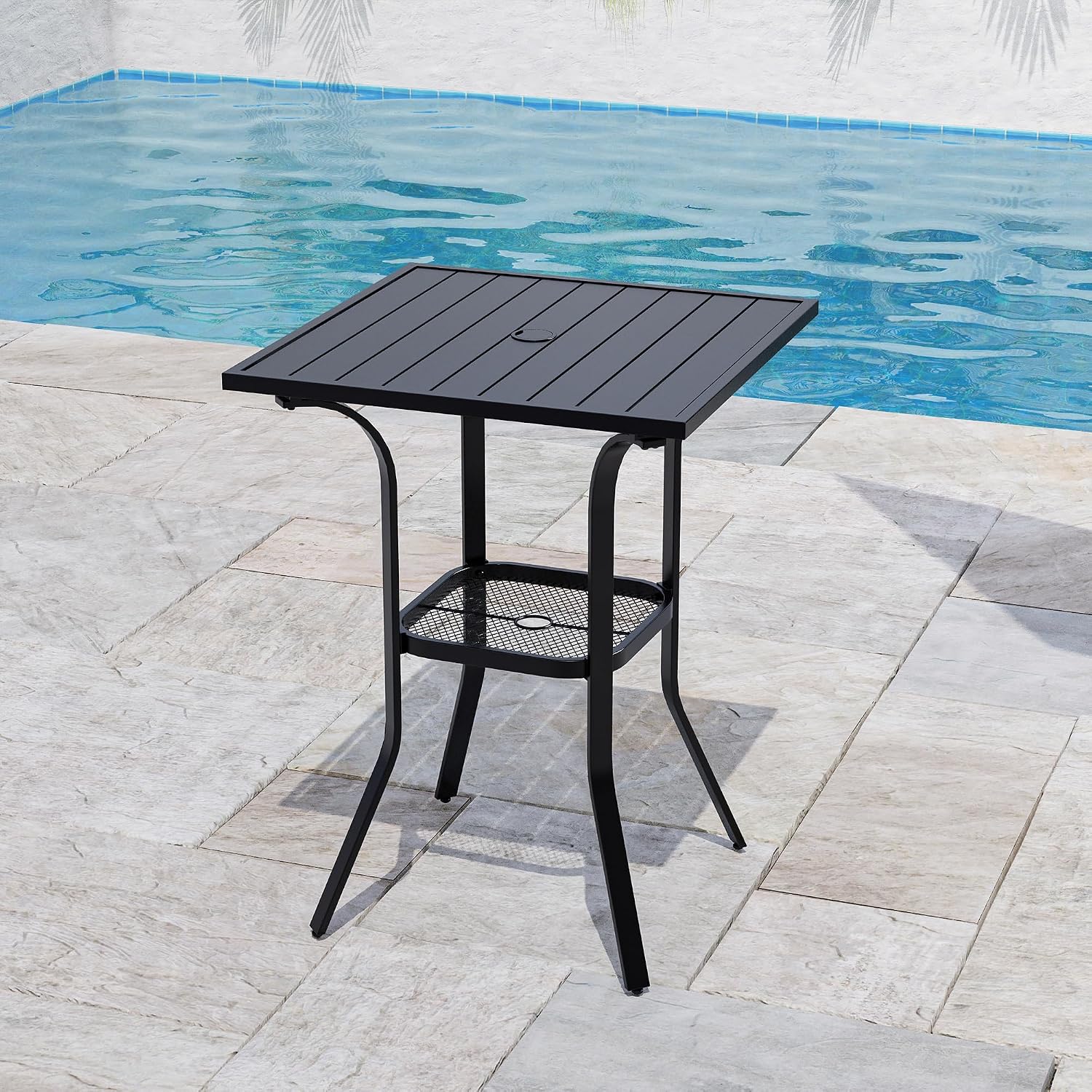 VICLLAX Outdoor Bar Table with Umbrella Hole, Tall Top Patio Furniture for Lawn Garden, Black Tabletop with Storage Shelf