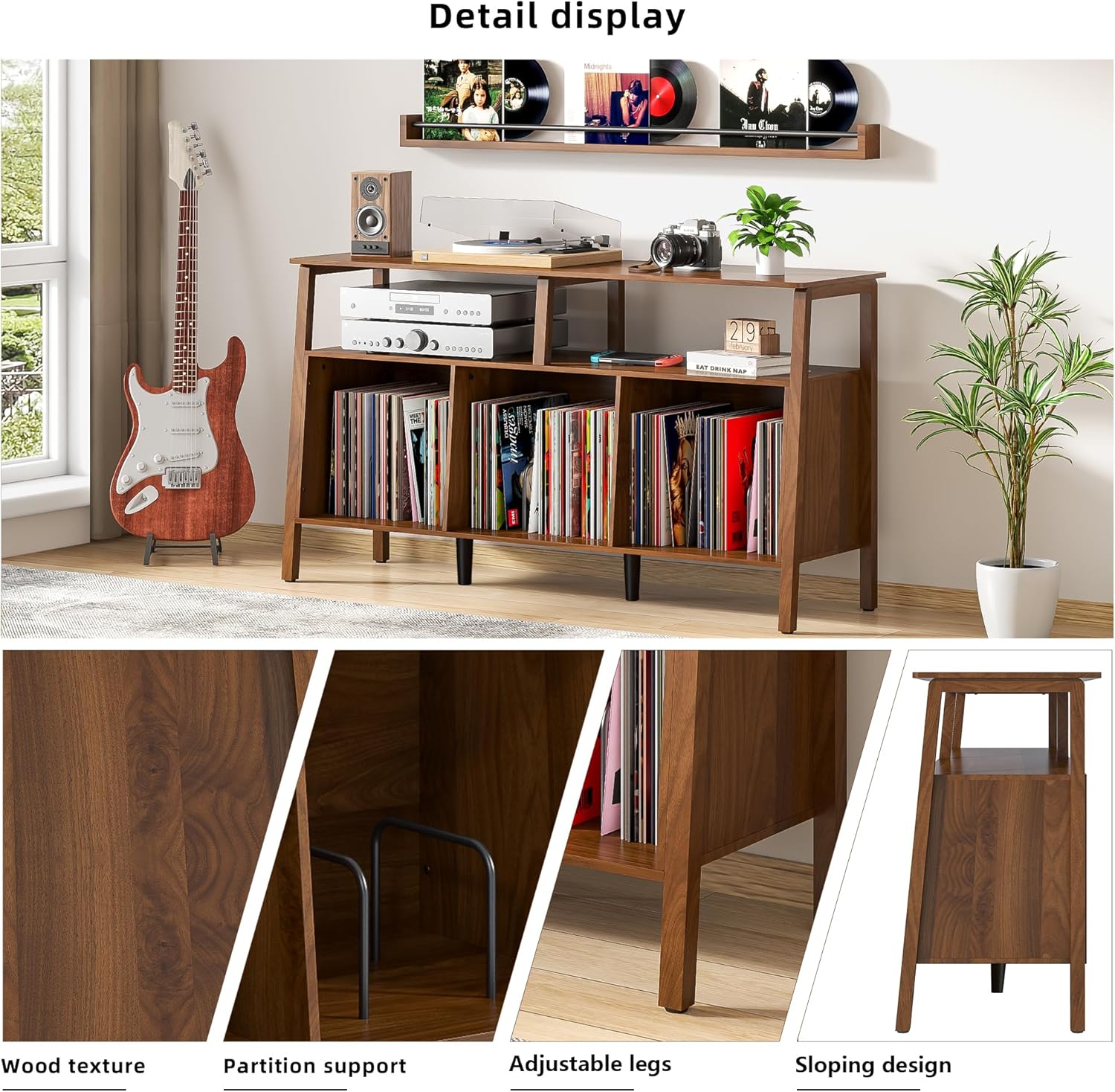 Large Record Player Stand,Mid Century Turntable Stand Table with Open Storage Holds up to 450 Albums,Vinyl Record Storage Display Shelf for Living Room Bedroom (55.12'' Walnut)