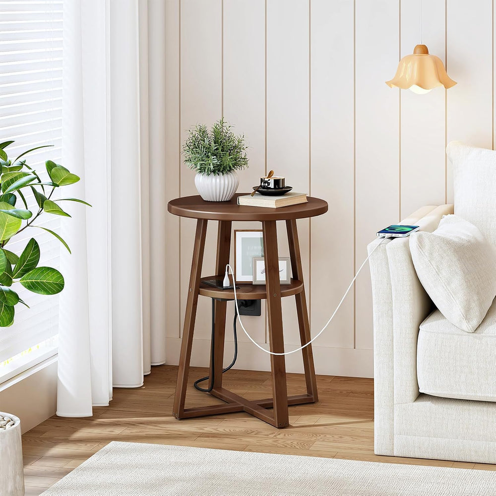 HOOBRO Round Side Table with Charging Station, Round Accent End Table with Ba...
