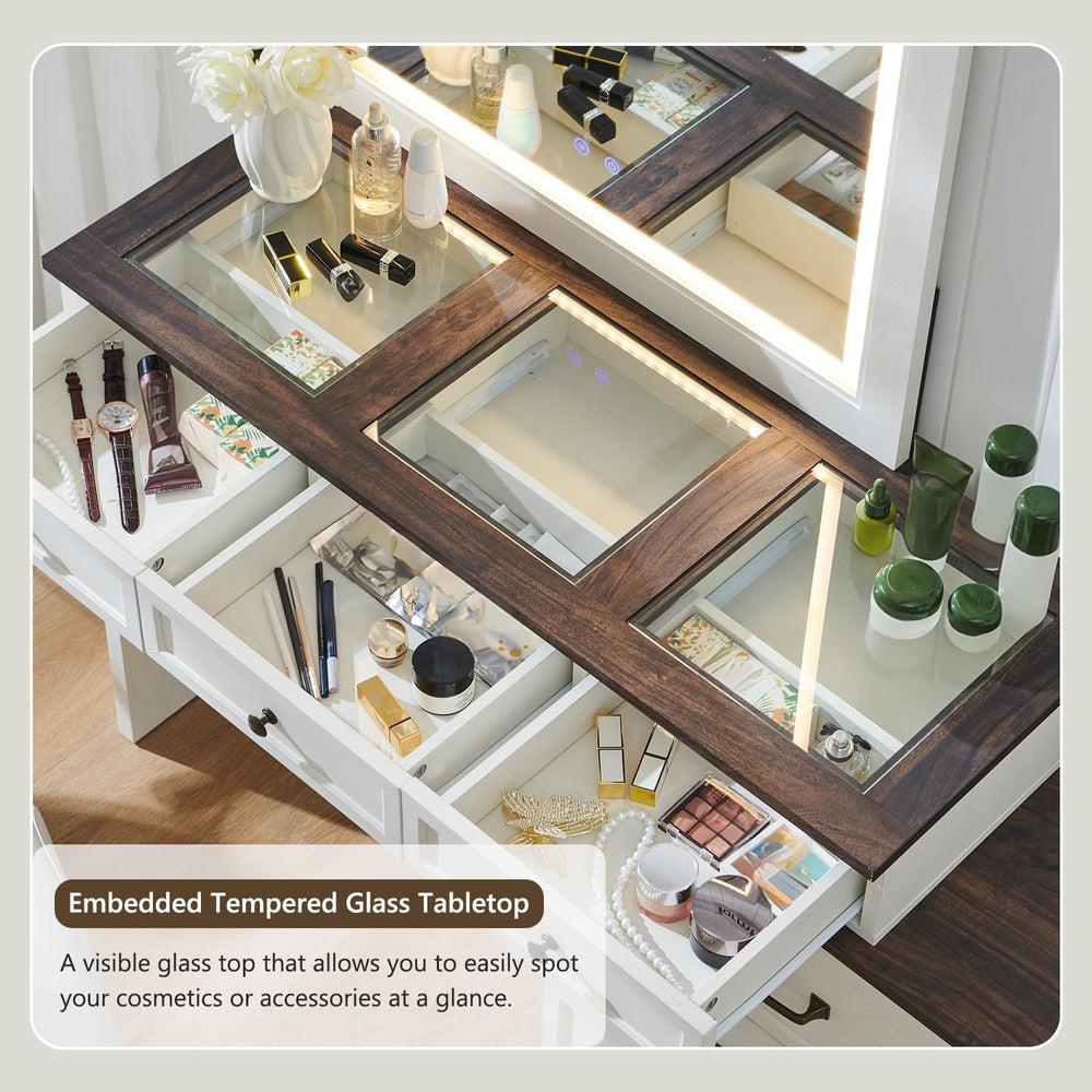 Aitjunz 69" W Farmhouse Vanity Desk with Glass Top,9 Drawers, Antique Wh...