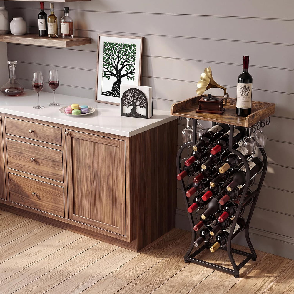 19 Bottles Freestanding Floor Wine Racks with Glass Holder | Wine Bottle Disp...