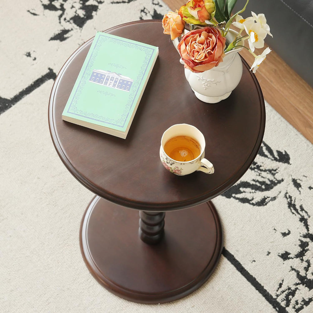 Pedestal Side Table, Small Round Side Table for Small Spaces, Drink Table with 100% Solid Wood Leg, Round Coffee End Table for Living Room, Bedroom, Corners, and Office (Poplar Wood, Walnut)