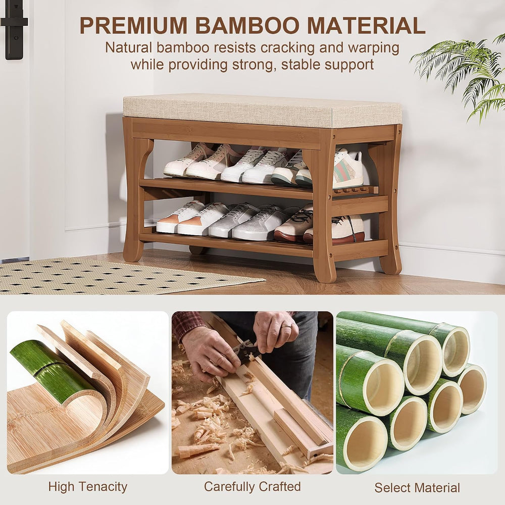 PETKABOO 27.6" Shoe Storage Bench with Cushion, Bamboo Shoe Rack Bench, ...