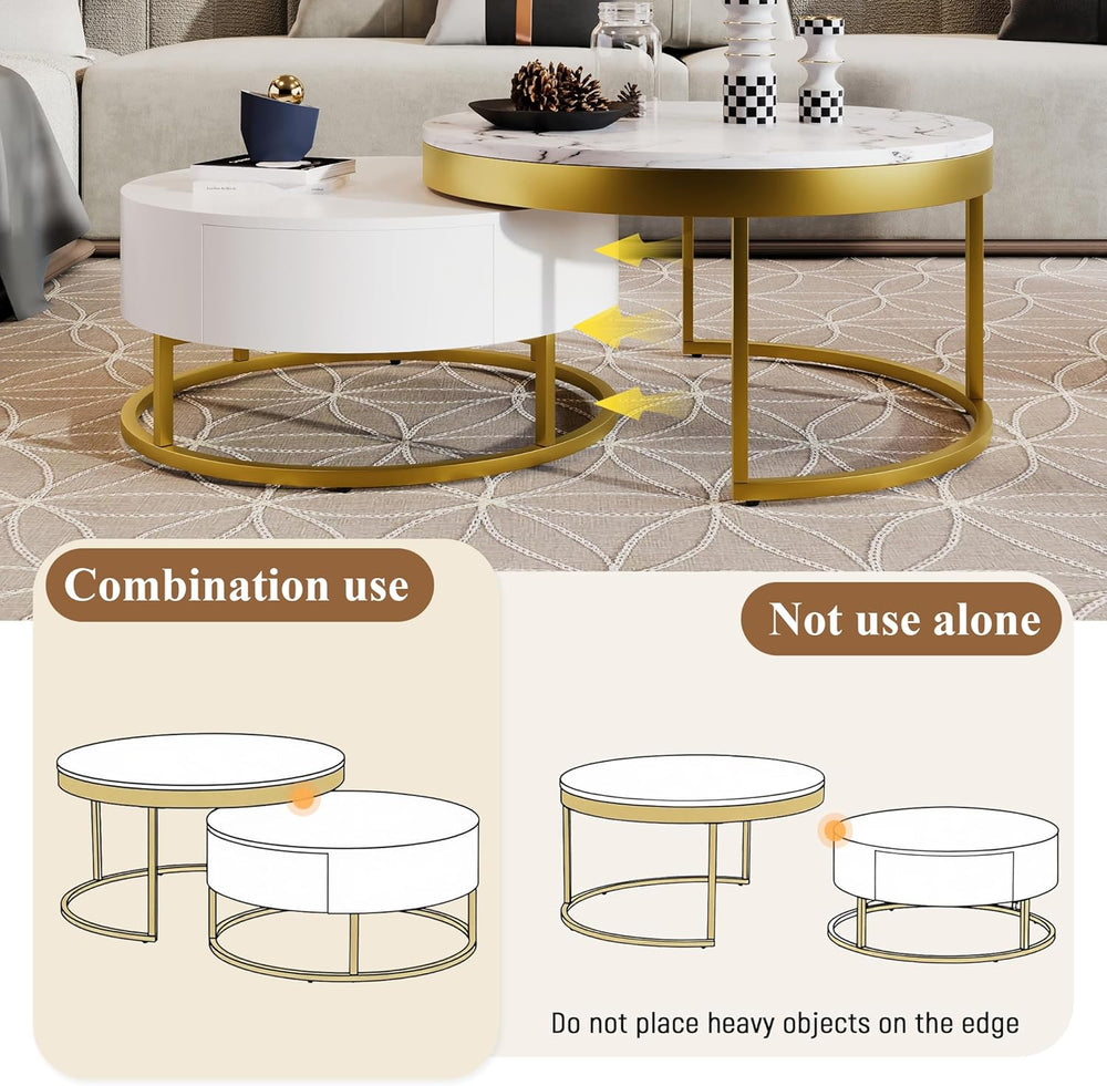 Modern Round Nesting Coffee Table with Drawers in White, Circle Coffee Tables...