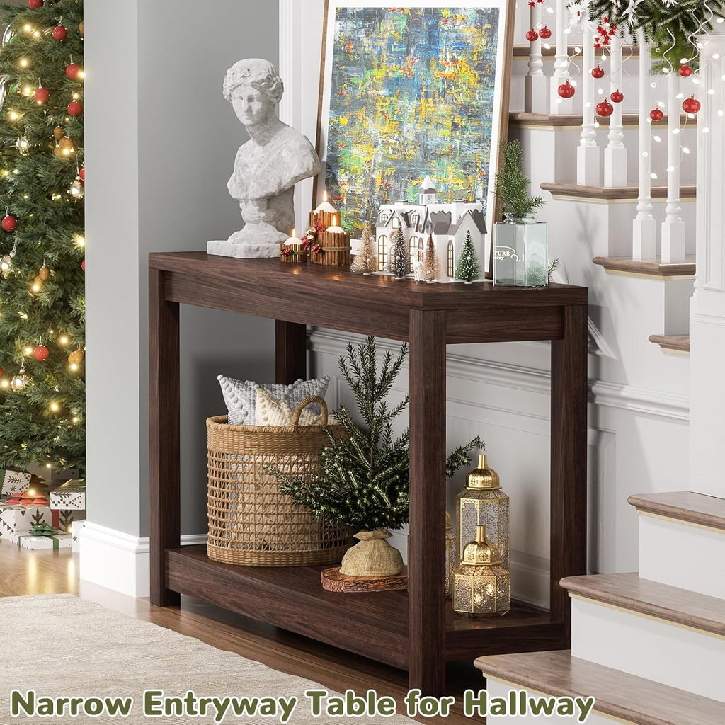 Besiost Small Farmhouse Wood Entryway Table Narrow Console Table with Storage Behind Couch Sofa Table with Shelves Entry Way Tables with Open Storage, Easy Assembly, 32" Black Walnut