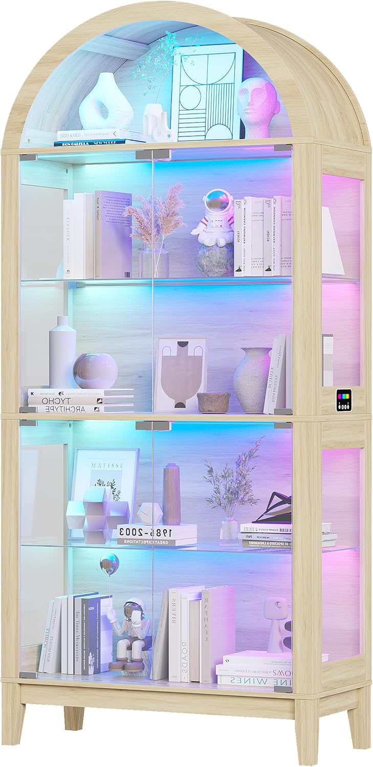 HNEBC Arched Display Case with RGB Lights, 69" Tall 5-Tier Tempered Glas...
