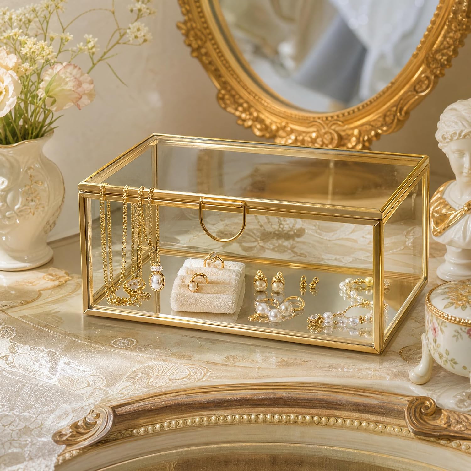 Glass Jewelry Box with Lid, Gold Metal Frame Trinket Box, Clear Display Case for Rings Earrings Necklace Bracelet, Small Jewelry Organizer for Vanity Bathroom Dresser Countertop Storage Box