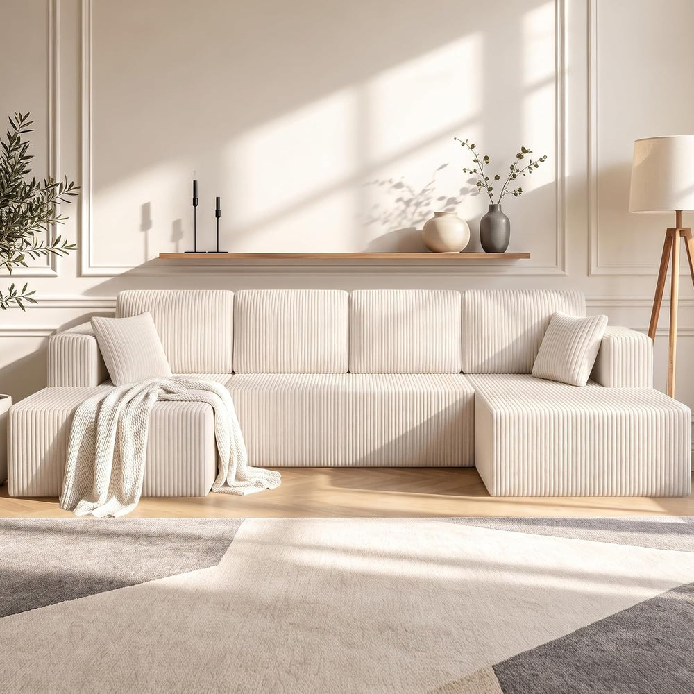 130" Couch U-Shaped Sectional Sofa, Beige | Corduroy Cloud Couch with Do...