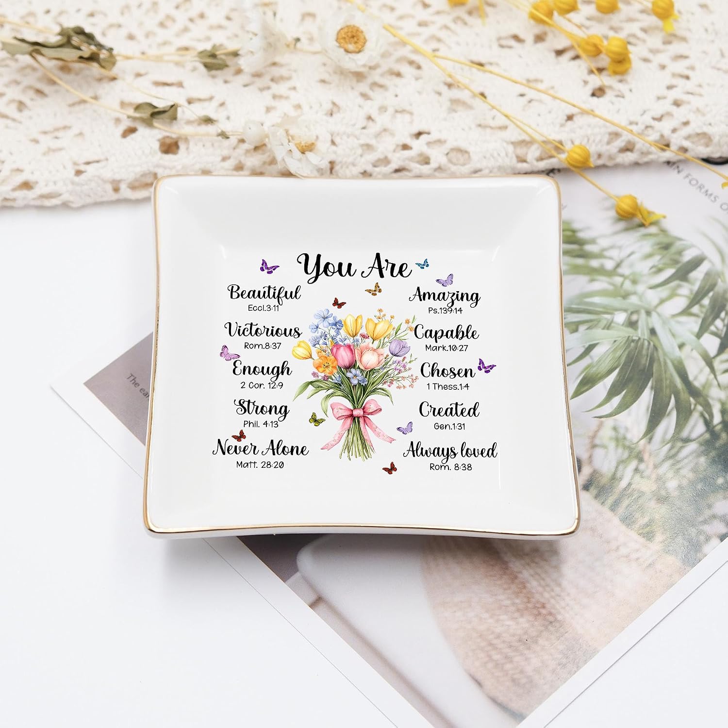 Christian Bible Verse Jewelry Dish, 4" Ceramic Jewelry Tray, Christian Gift for Women, Mother's Day, Birthday, Catholic Gifts for Mom/ Grandma, Graduation, Confirmation Gifts for Teen Girls, Daughter