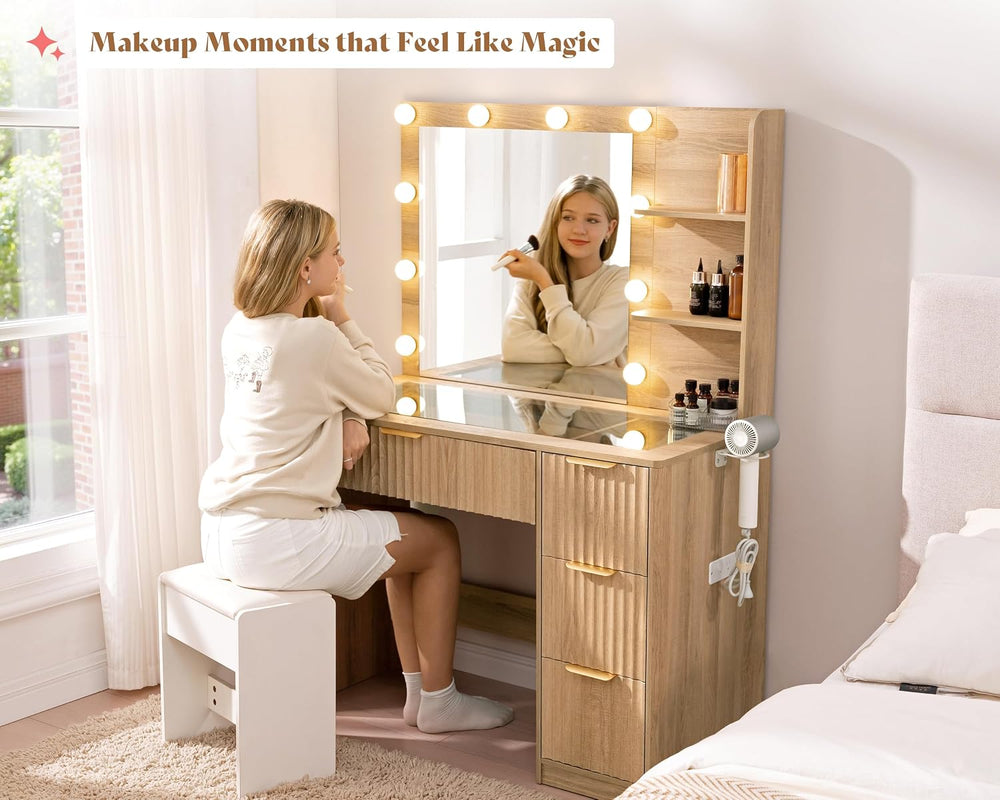 AMERLIFE 36.2" Fluted Vanity Desk with Mirror and Lights, Natural Oak | ...