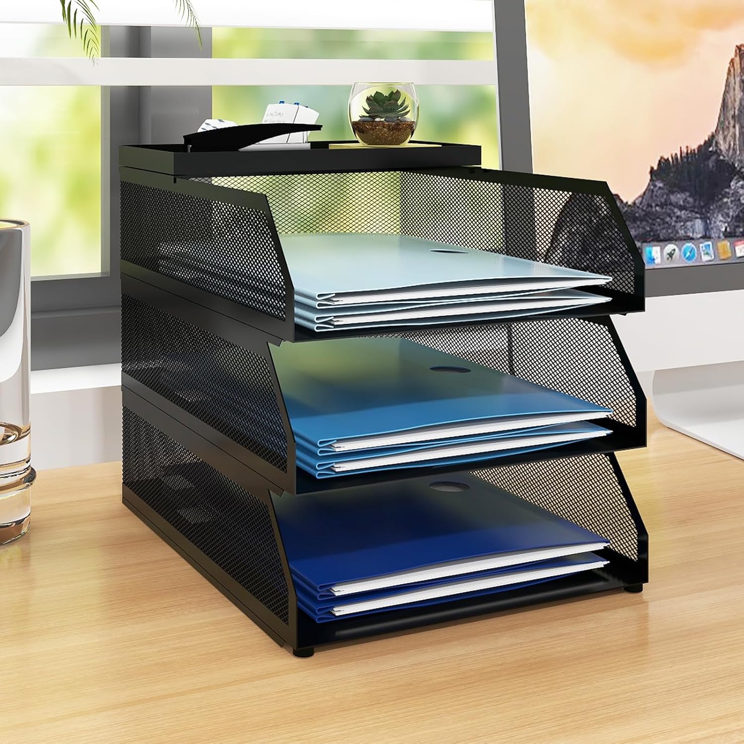 Natwind 3-Tier Desk Organizer,Desk Accessories, Stackable Paper Tray, Metal Mesh Desktop Organizer, Paper Sorter, Letter Trays,File Document Storage Rack for for Home, Office, School (Black)
