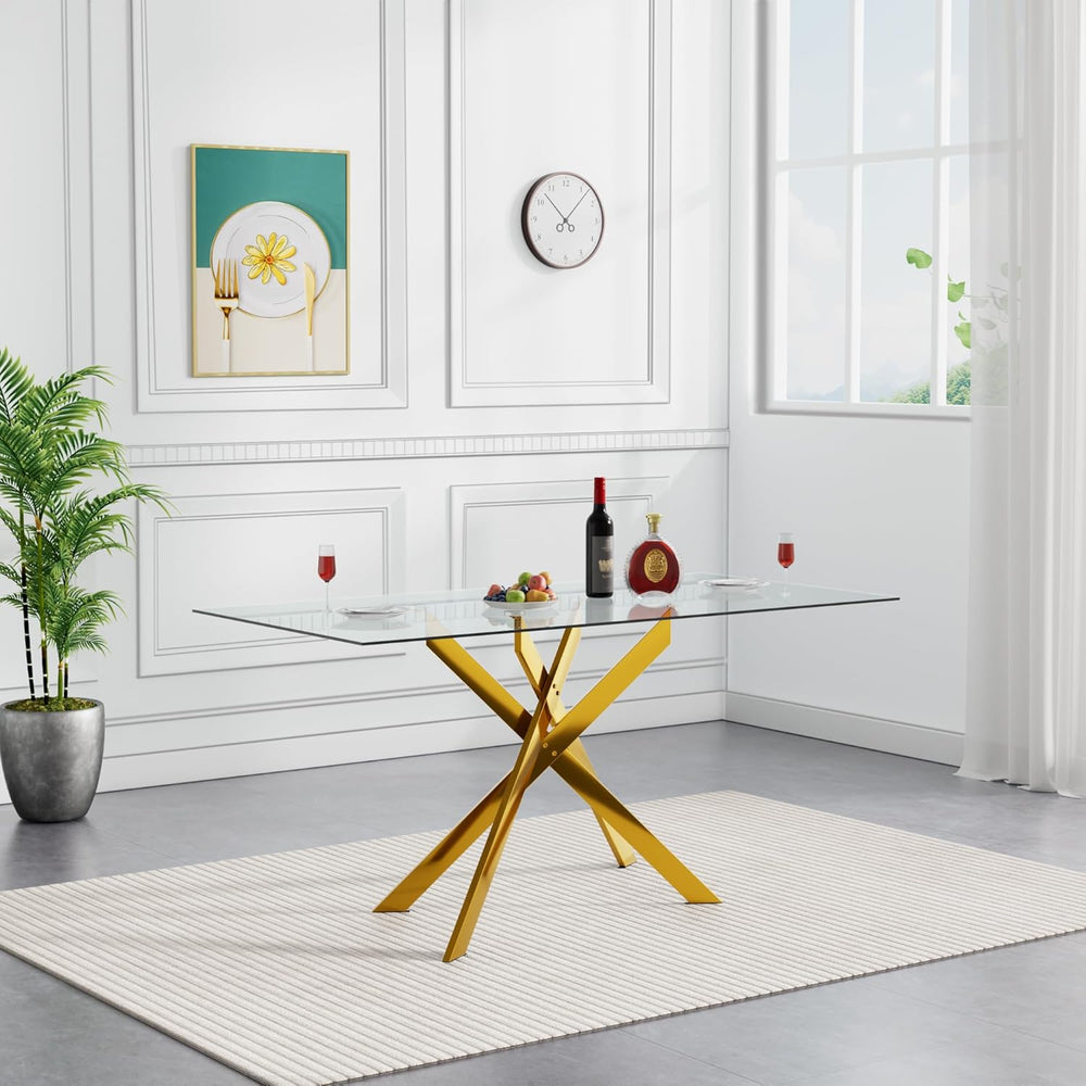 Gold Glass Dining Table for 4 Modern 51.2" Rectangular Kitchen Dining Ro...