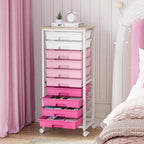 Rolling Cart with Drawers,10 Drawer Rolling Cart,Storage Cart,Utility Cart,Teacher Cart for Classroom Storage,Craft Cart with Wheels and Wooden Tabletop,Pink