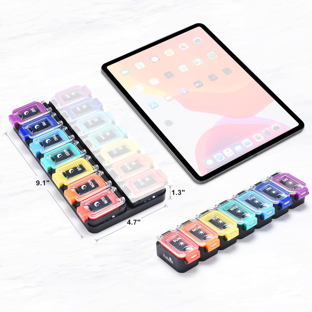 Fullicon Moisture Proof Pill Organizer 2 Times a Day, Large 7 Day Box, Spill Proof Case, Travel Container, Medicine Organizer With Secure Lids (Rainbow Black)