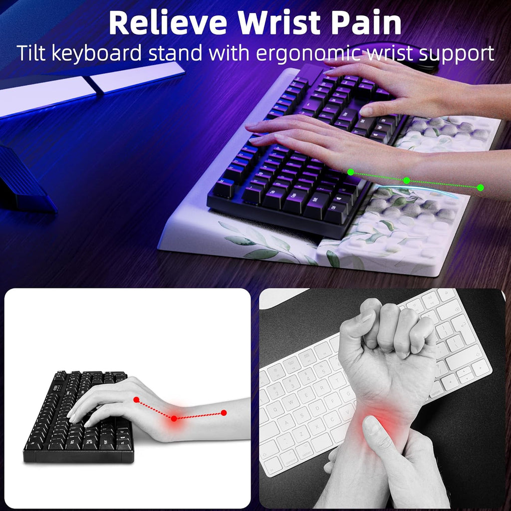 Ospelelf Keyboard Wrist Rest Pad Comfy Ergonomic Keyboard Stand Holder Office Desk Accessories Work from Home Essentials Green Leaves Pattern