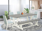 East West Furniture V097LA015-6 6 Piece Dining Table Set Contains a Rectangle Dining Room Table with V-Legs and 4 Baby Blue Linen Fabric Parson Chairs with a Bench, 40x72 Inch, Multi-Color