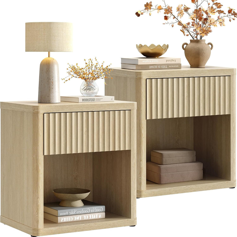 SICOTAS Night Stand Set 2 with Large Drawer 24" Tall Fluted Modern Night...