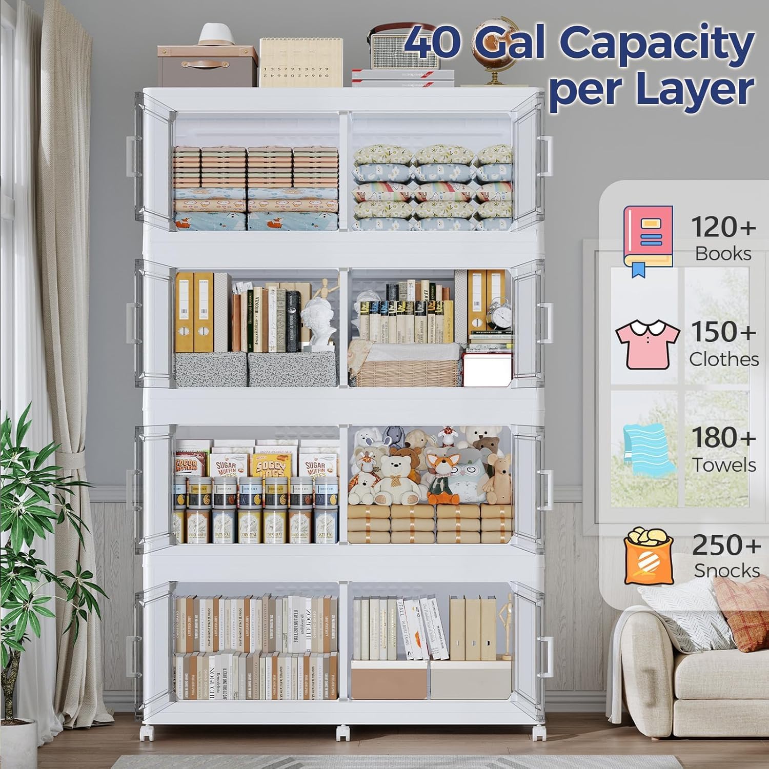 160GAL Extra Large Storage Bins with Lid, 640Qt Stackable Closet Organizers and Drawers, Collapsible Storage Bins with Wheels, Folding Containers for Home, Kitchen Office, 4Pack White