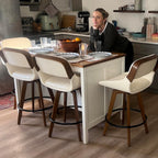 Set of 2 Bar Height Stools - 29.5 inch Mid Century Swivel Bar Stools with Upholstered Faux Leather, Walnut Crafts, Bamboo Legs, Kitchen Island Stools for Kitchen/Cafe/Pub/Island (Walnut Beige)