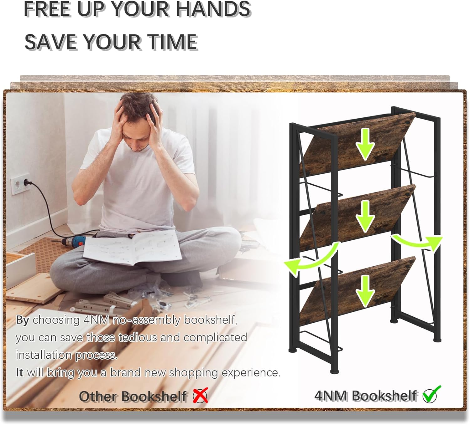 4NM No Assembly Folding Bookshelf Storage Shelves 3 Tiers Vintage Bookcase Standing Racks Study Organizer Home Office (Rustic Brown Black)
