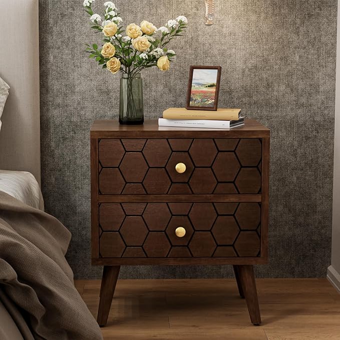 COSIEST Modern End Table w Honeycomb Pattern, Mid-Century Nightstand w Storag...