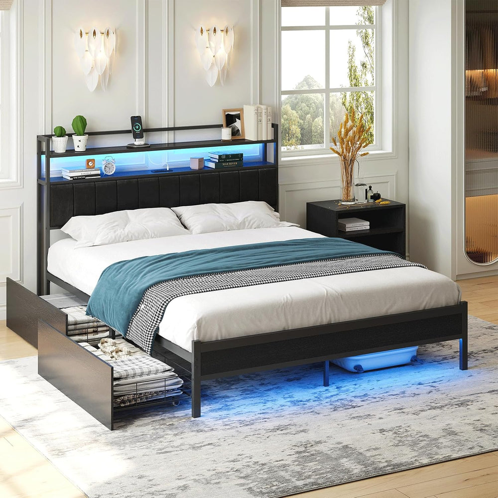 Full Bed Frame with 2 Storage Drawers & Built in Charging Station