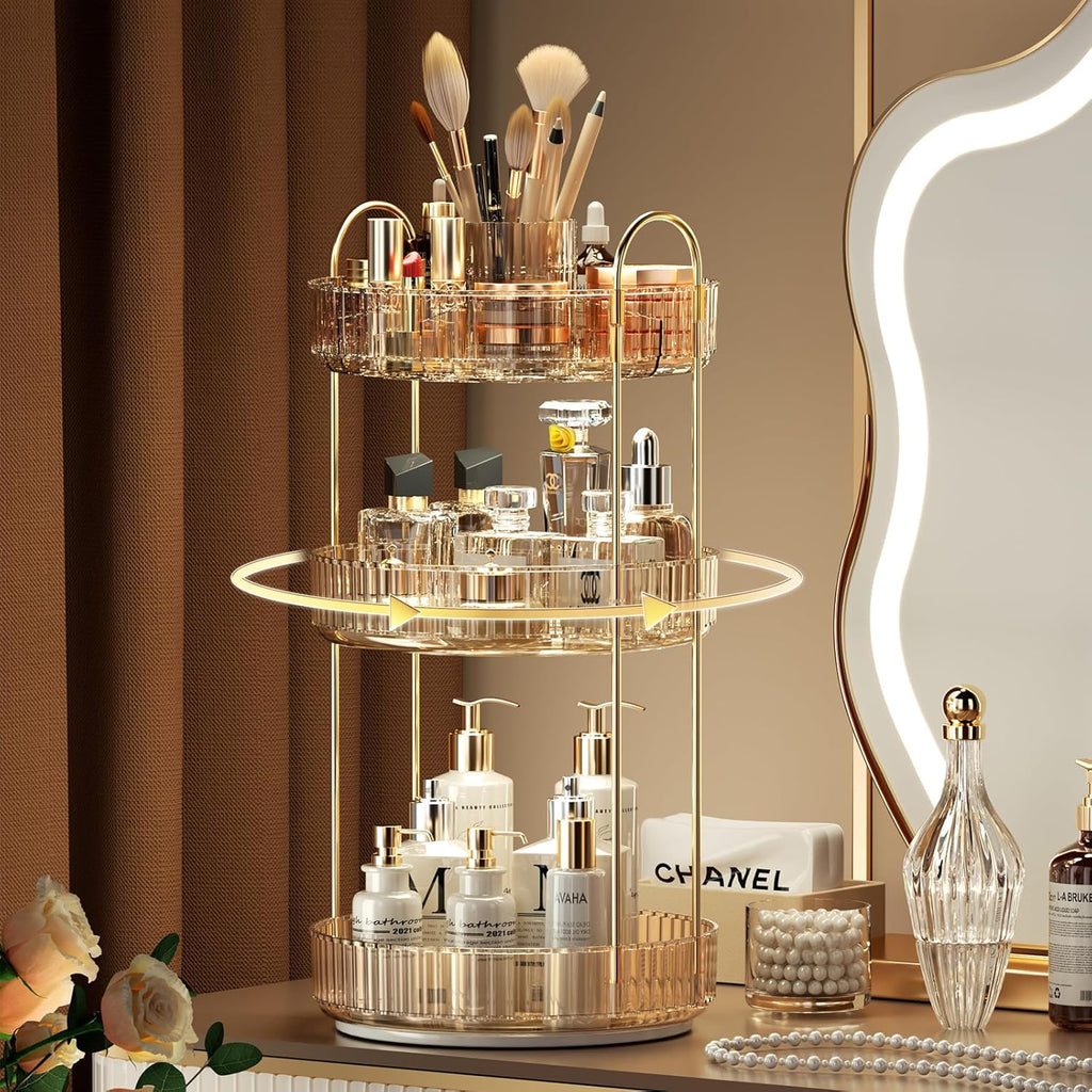 YCIA&DONE Rotating Makeup Organizer for Vanity, Large Capacity Make Up Storage Skin care Shelf Perfume Holders Cosmetic Dresser Organizer Countertop Spinning 360 (Amber Gold, 3Tiers)