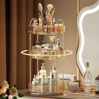 YCIA&DONE Rotating Makeup Organizer for Vanity, Large Capacity Make Up Storage Skin care Shelf Perfume Holders Cosmetic Dresser Organizer Countertop Spinning 360 (Amber Gold, 3Tiers)