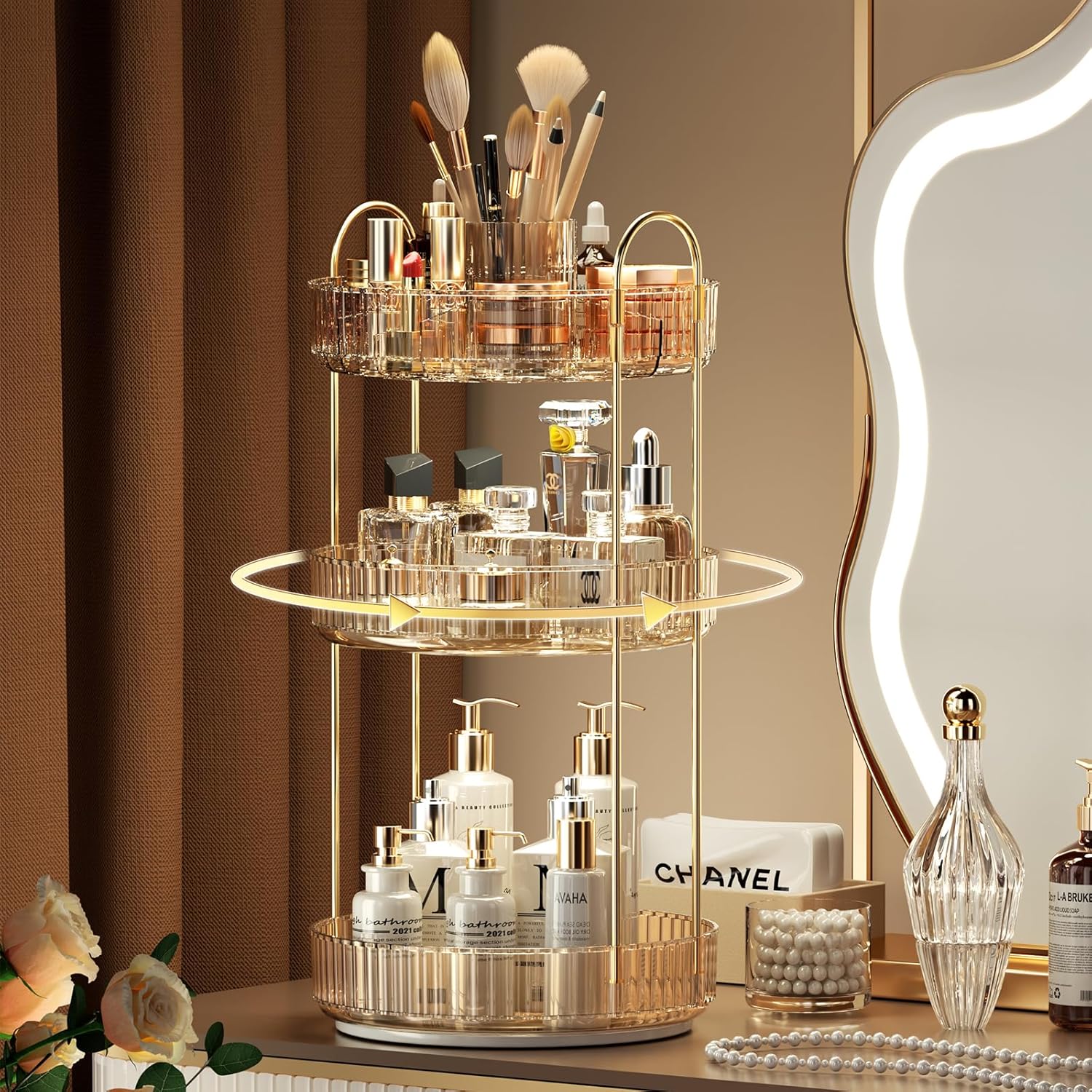 YCIA&DONE Rotating Makeup Organizer for Vanity, Large Capacity Make Up Storage Skin care Shelf Perfume Holders Cosmetic Dresser Organizer Countertop Spinning 360 (Amber Gold, 3Tiers)