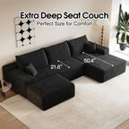 107.5" Comfy U-Shaped Sectional Modern Boneless Corduroy Couch with Chaise ‌and Ottoman‌ - No Assembly Required! Deep-Seat, Upholstered Modular Cloud Sofa for Living Room, Plush Corduroy Fabric(Black)