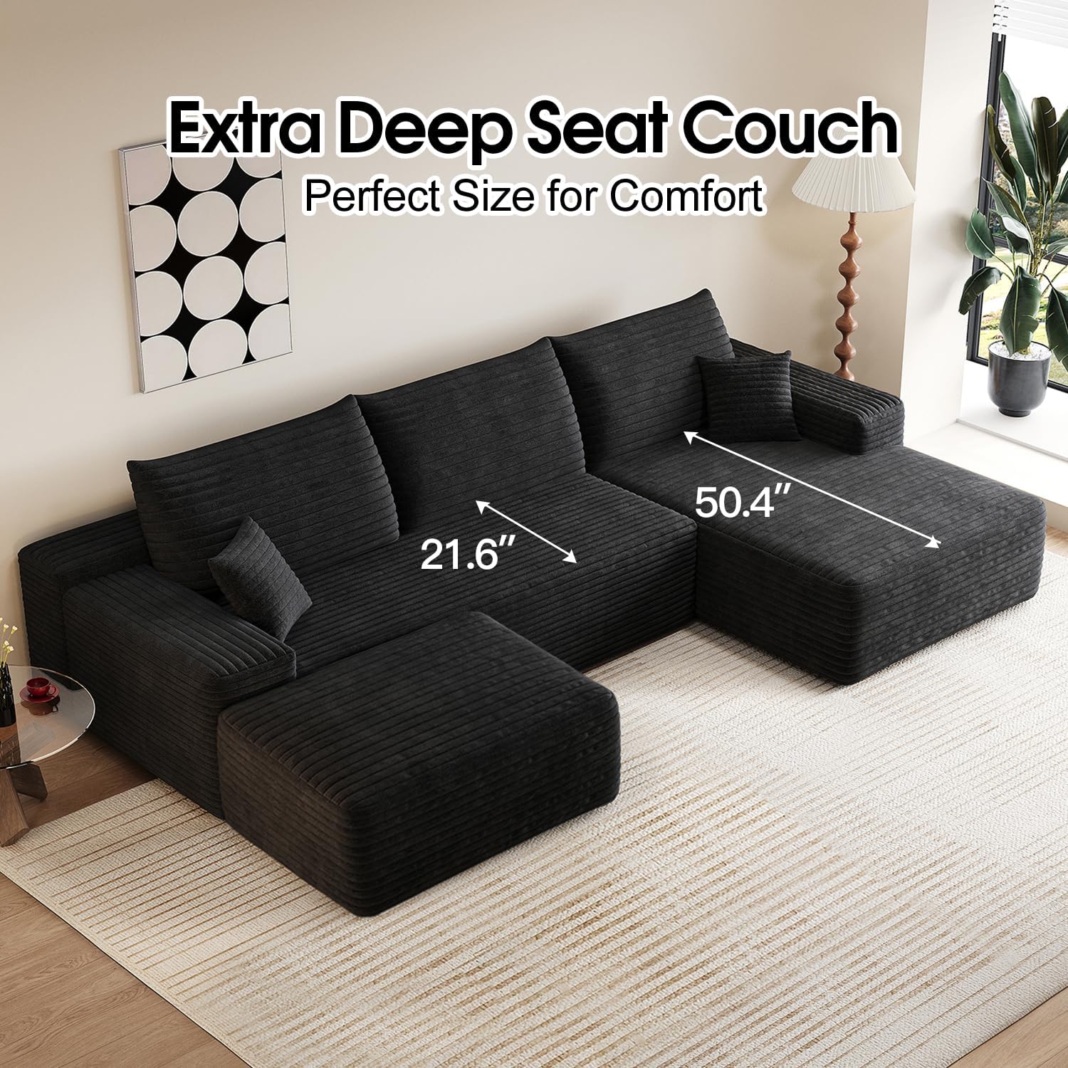 107.5" Comfy U-Shaped Sectional Modern Boneless Corduroy Couch with Chaise ‌and Ottoman‌ - No Assembly Required! Deep-Seat, Upholstered Modular Cloud Sofa for Living Room, Plush Corduroy Fabric(Black)