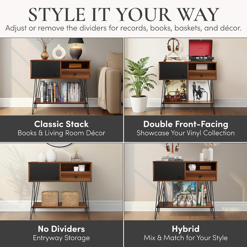 Large Record Player Stand with Vinyl Storage Holds Up to 200 Albums - Mid-Cen...