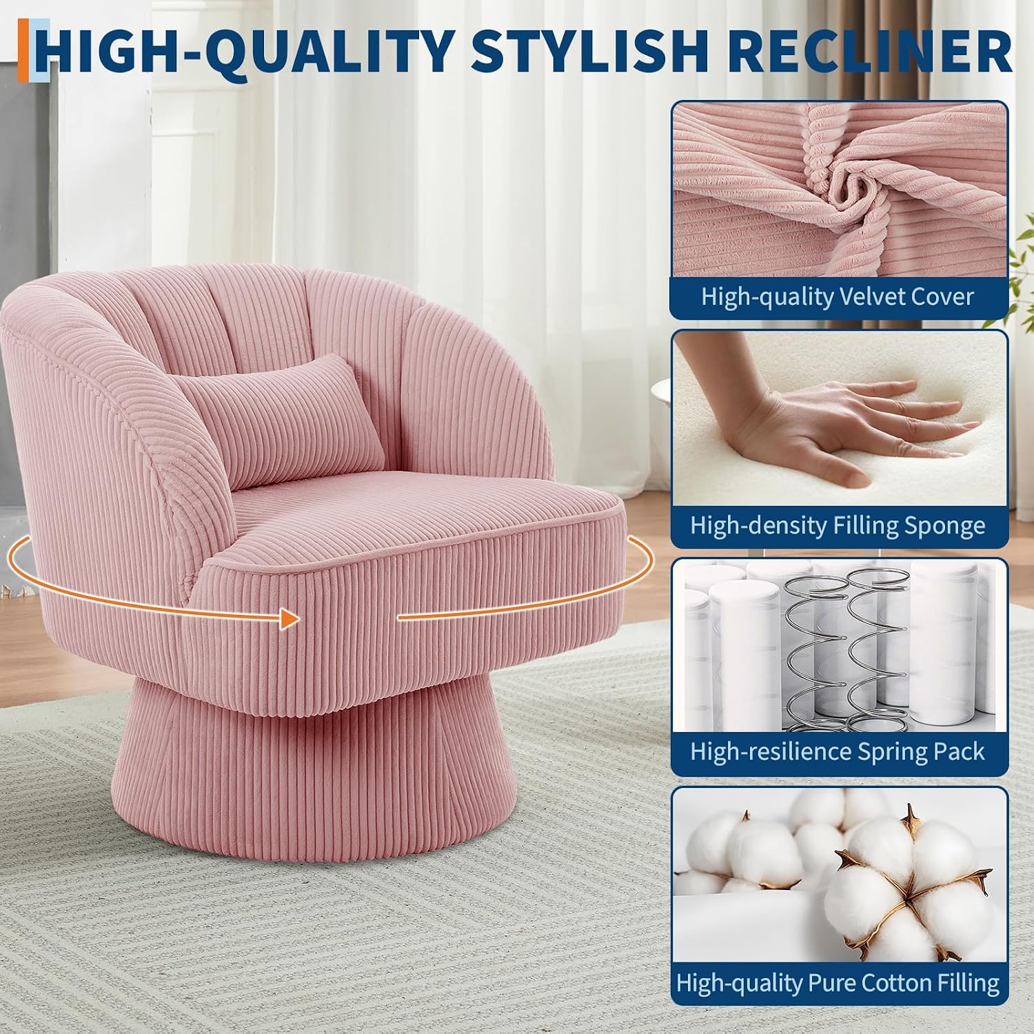Modern 360° Swivel Barrel Accent Chair, Velvet Upholstered Armchair with Striped Backrest & Plush Cushion, Comfy Round Lounge Chair for Living Room Bedroom, Pink
