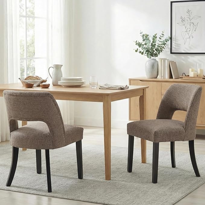 keoni Wooden Dining Chairs Set of 2, Mid Century Modern Upholstered Dining Room Chairs with Black Wood Legs, Fabric Farmhouse Kitchen Chairs with Foot Pegs for Dining Room, Brown