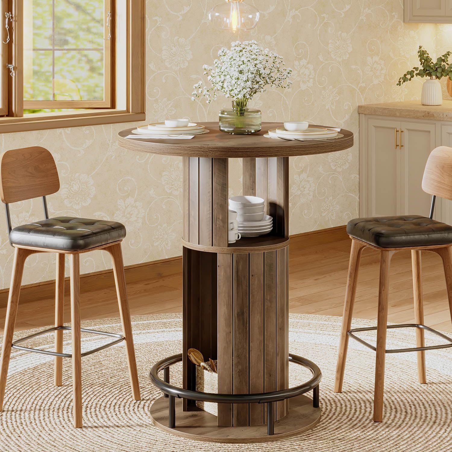 HSH 39.37" H Round Bar Table with Storage and Metal Ring Footrest, Rustic | Modern Bar Height Pub Table With 2 Tier Storage, Space-Saving Design, For Kitchen, Coffee Bars And Small Spaces, Table Only