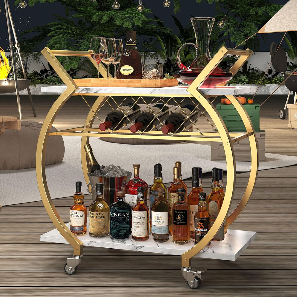 LVB Gold Bar Cart with Wheels, Modern White Marble Home Bar Serving Cart | Dr...